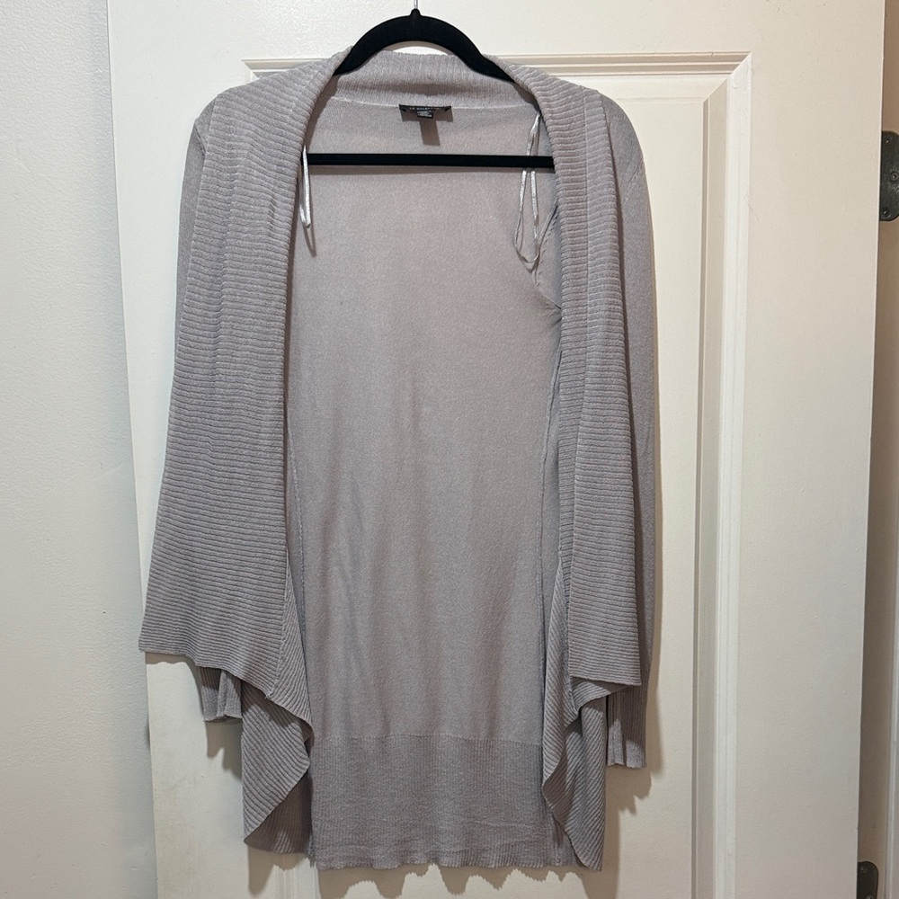 Women's Open Front Cardigan Sweater - Light Gray with Subtle Metallic Details